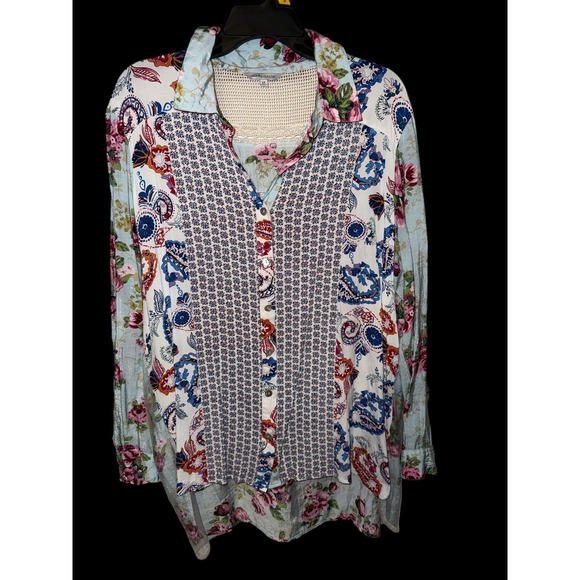 John Mark Mix Print Rose Lace Embroidery Tunic Top Plus Sz 1X Artsy Rayon - Picture 2 of 8